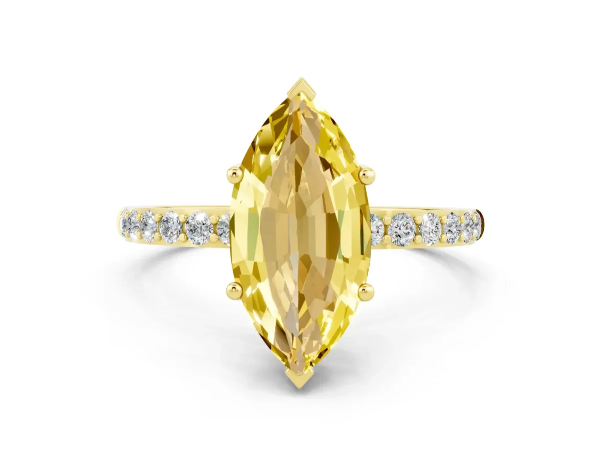 Marquise Cut Yellow Sapphire Solitaire Ring with Round Pavé Band and Prong Setting Yellow gold