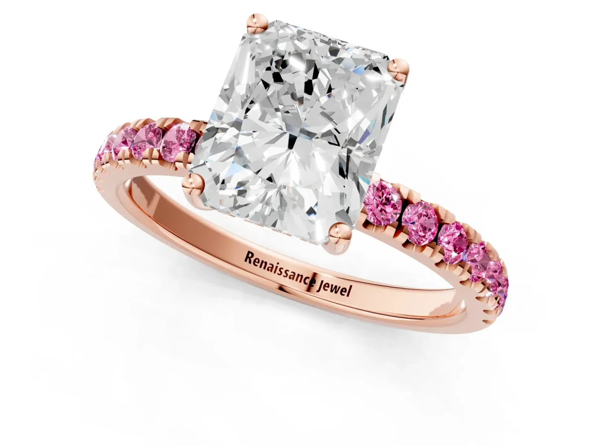 Radiant Cut Diamond Pave Band Solitaire Ring with Round Pink Sapphire and Prong Setting Rose gold