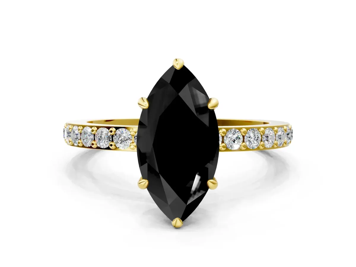 Fancy Black Marquise Cut Diamond Solitaire Engagement Ring with Pavé Band and Four-Prong Setting Yellow gold