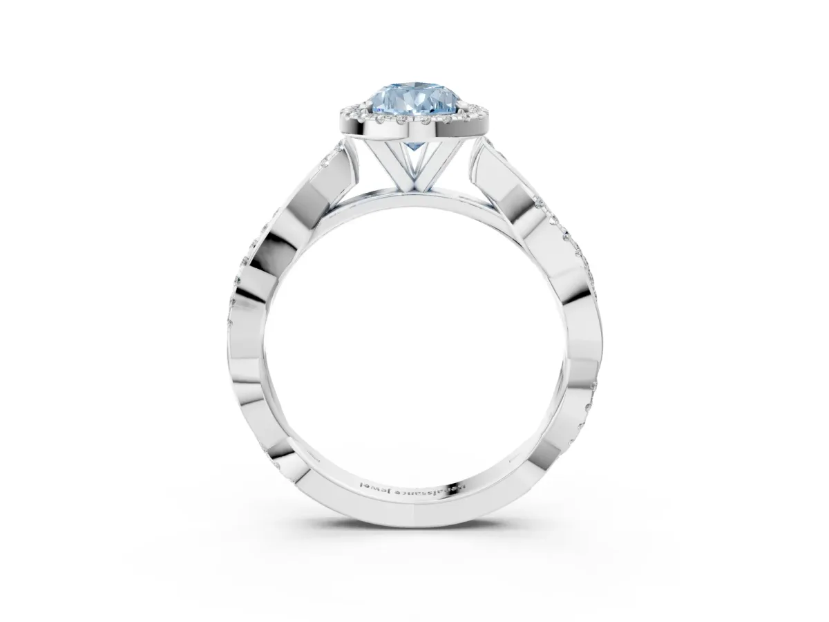 Fancy Blue Pear Cut Cut Halo Twisted Band Four-Prong Ring Platinum