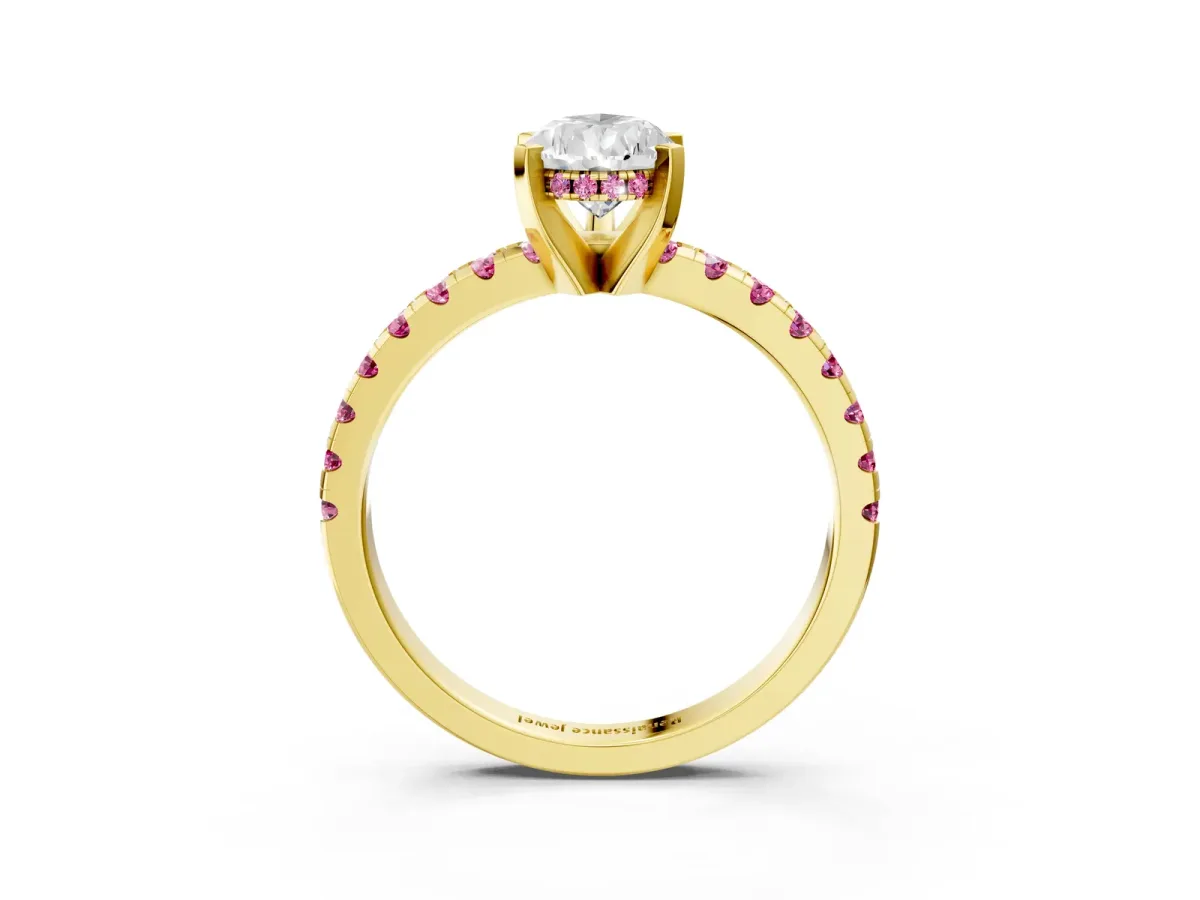 Pear Cut Diamond Solitaire Ring with Round Pink Sapphire Pavé Band and Four-Prong Setting Yellow gold