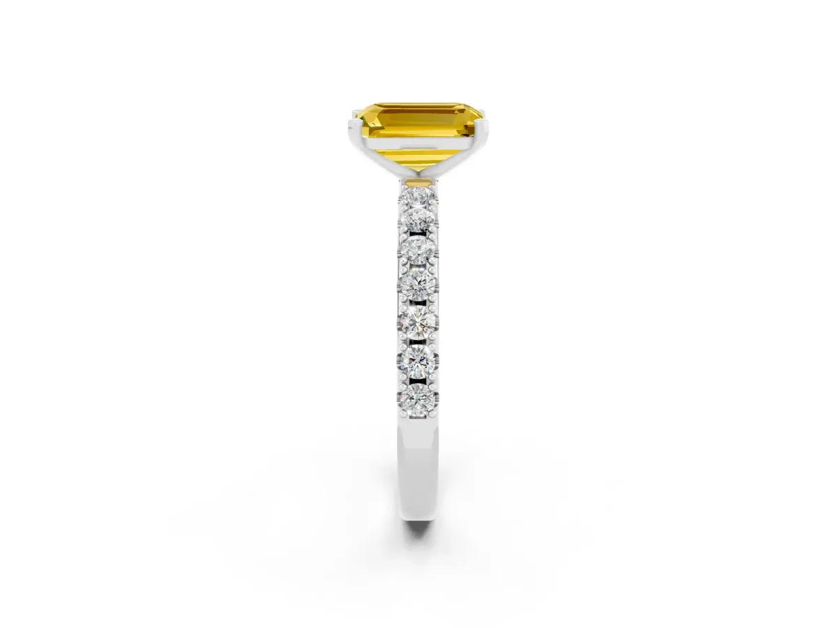 Emerald Cut Yellow Sapphire Solitaire Pavé Band with Four-Prong Setting Platinum
