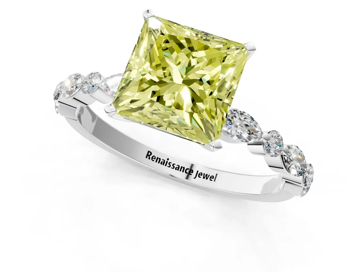 Fancy Yellow Princess Cut Diamond Ring with Marquise and Round Side Stones and Four-Prong Setting White gold
