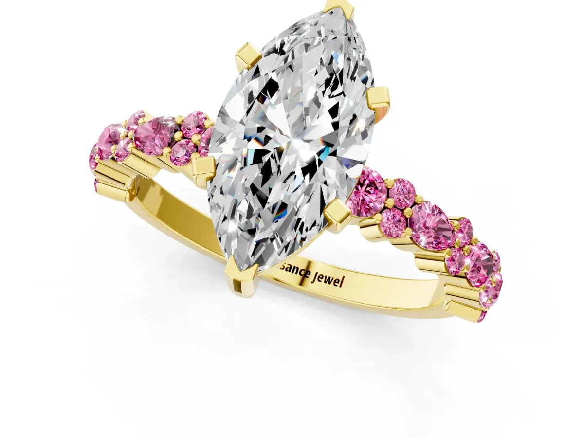Marquise Cut Diamond Side Stone Solitaire Ring with Round Pink Sapphire and Four-Prong Setting Yellow gold