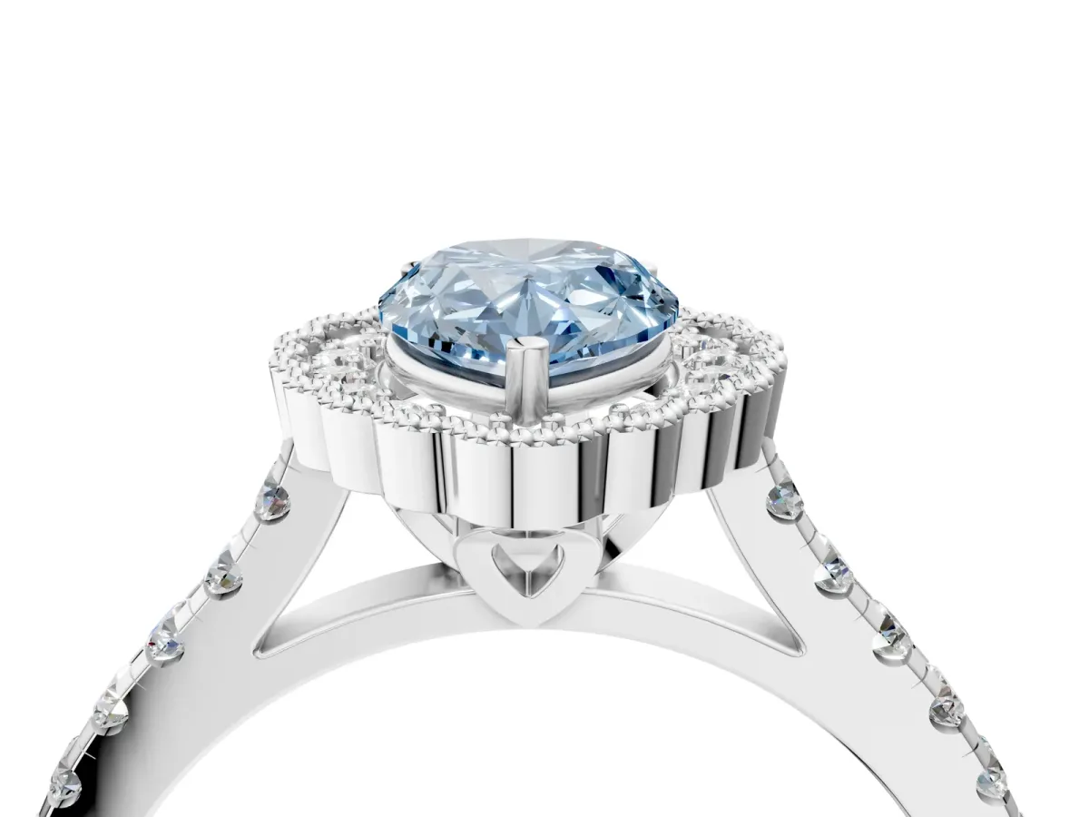 Fancy Blue Pear Cut Cut Diamond Milgrain Floral Halo Engagement Ring with Pavé Band Silver