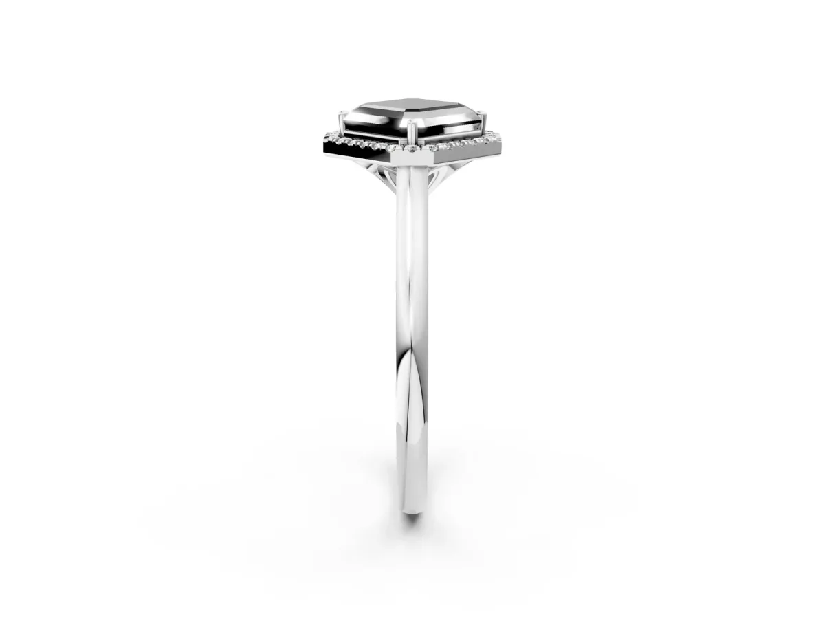 Fancy Black Asscher Cut Halo Round Diamond Solitaire Engagement Ring with Pave Band and Four-Prong Setting Platinum