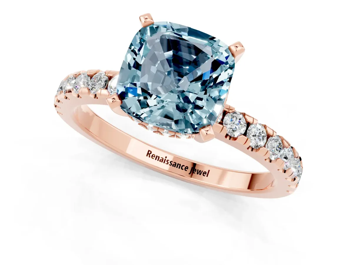Cushion Cut Aquamarine Solitaire Ring with Round Pavé Band and Four-Prong Setting Rose gold