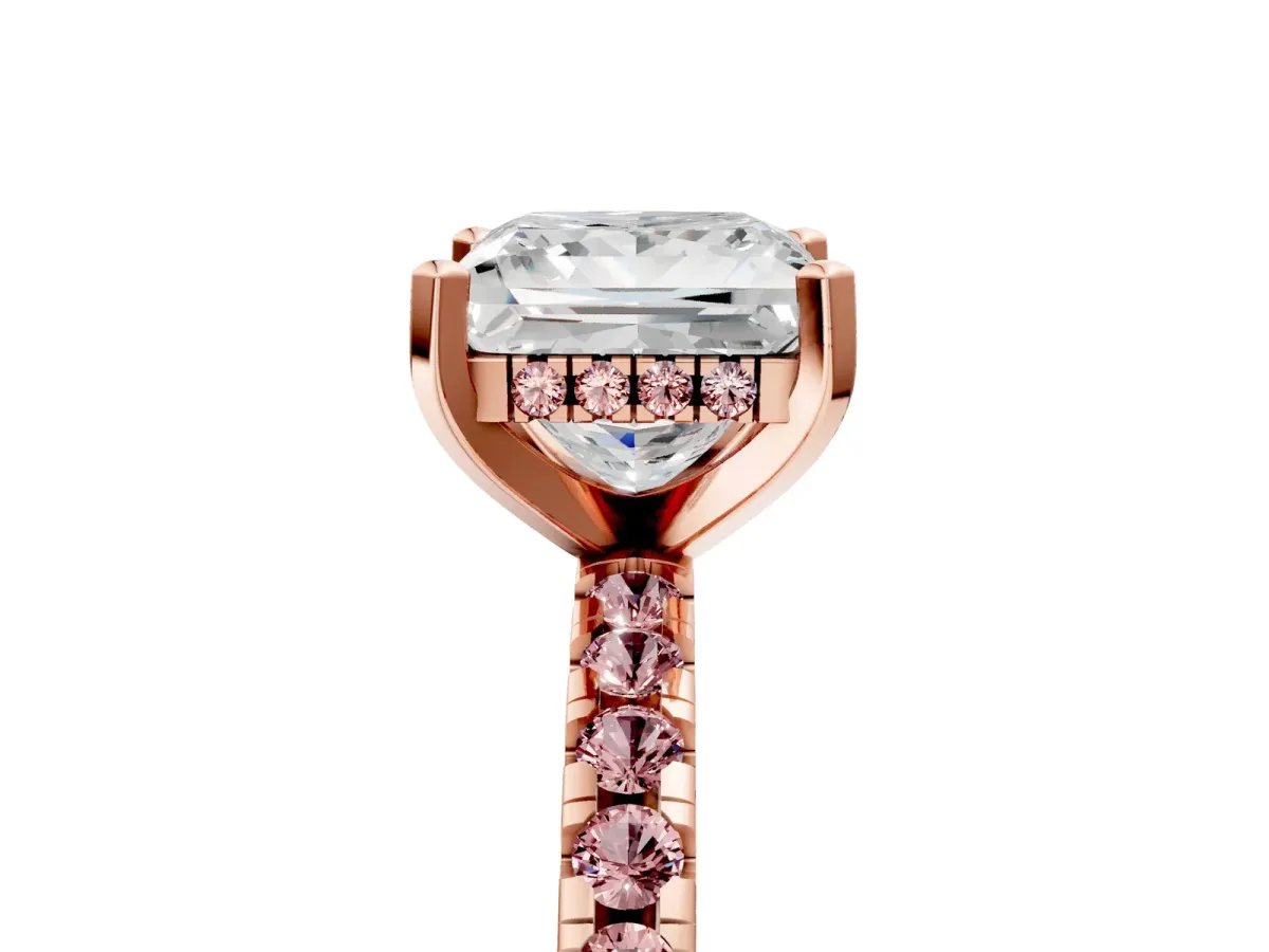 Princess Cut Diamond Solitaire Ring with Round Morganite Pavé Band and Four-Prong Setting Rose gold