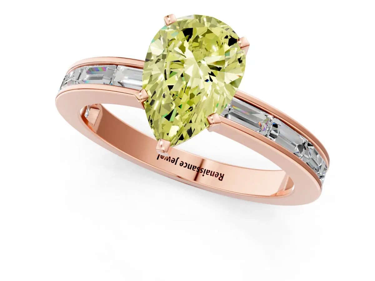 Fancy Yellow Pear Cut Solitaire Diamond Ring with Channel-Set Baguette Band and Four-Prong Setting Rose gold