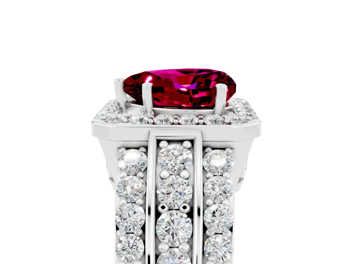Heart Cut Halo Garnet Ring with Round Split Shank and Prong Setting White gold