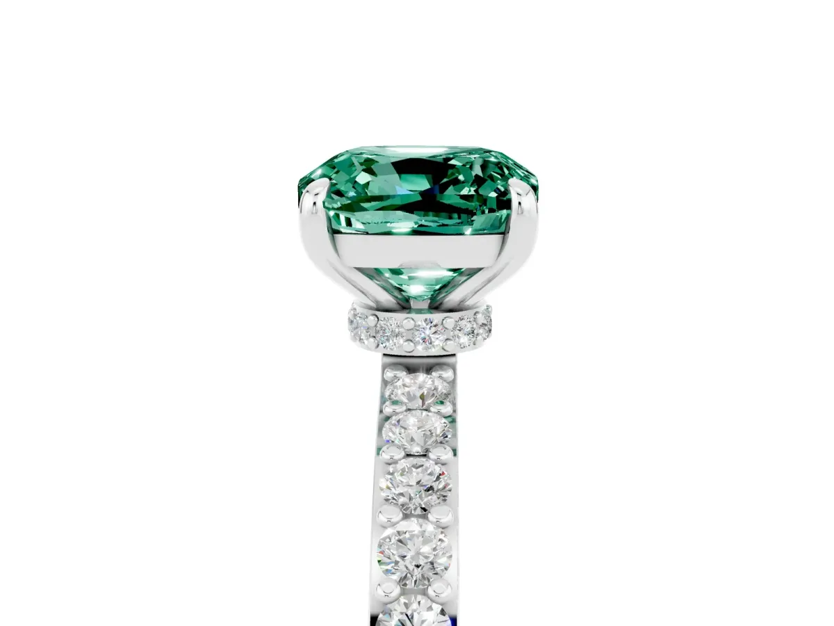 Cushion Cut Green Sapphire Solitaire Engagement Ring with Pavé Band and Four-Prong Setting White gold