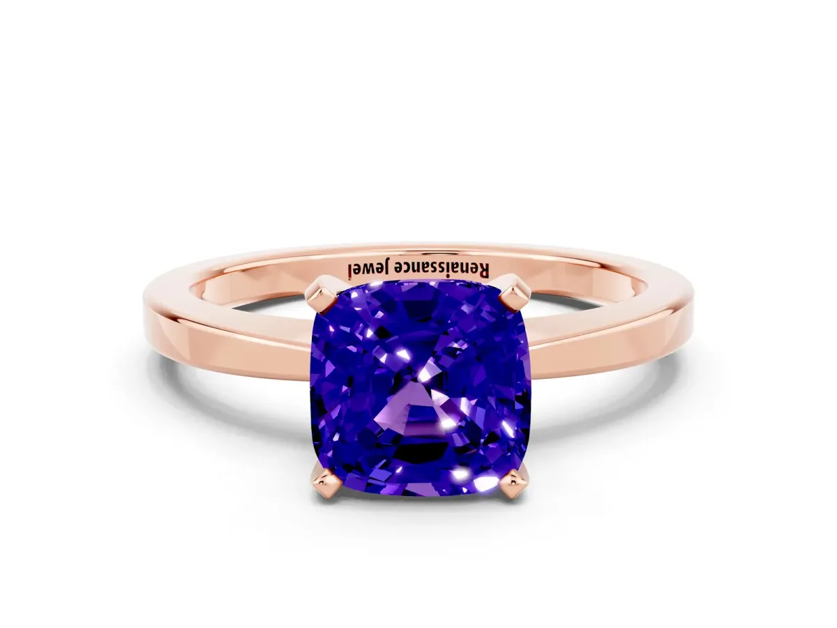 Cushion Cut Tanzanite Solitaire Engagement Ring with Classic Band and Four-Prong Setting Rose gold