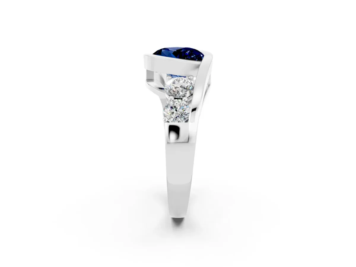 Bezel Set Round Cut Blue Sapphire Bypass Ring with Round Accents Silver