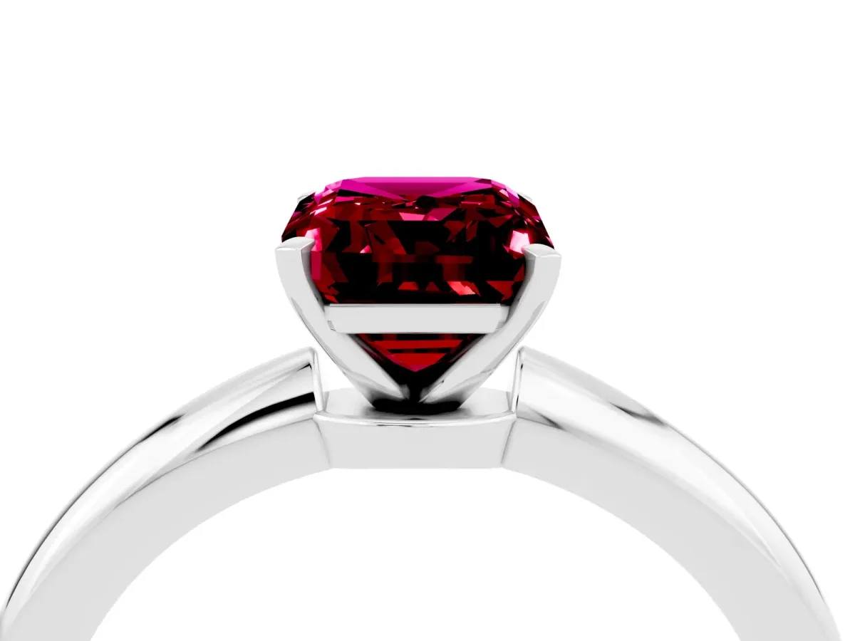 Emerald Cut Garnet Solitaire Ring with Six-Prong Setting and Classic Band Silver