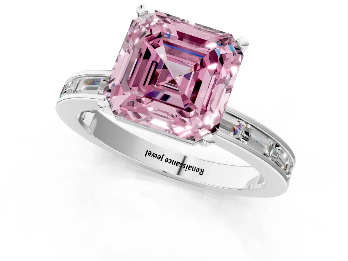 Fancy Pink Asscher Cut Solitaire Diamond Ring with Channel-Set Baguette Band and Four-Prong Setting White gold
