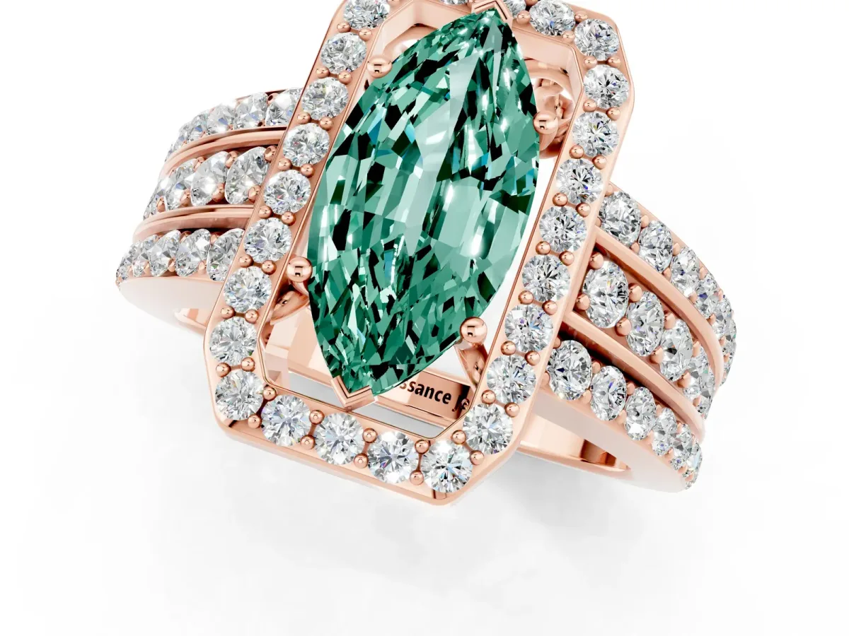 Marquise Cut Halo Green Sapphire Ring with Round Split Shank and Prong Setting Rose gold