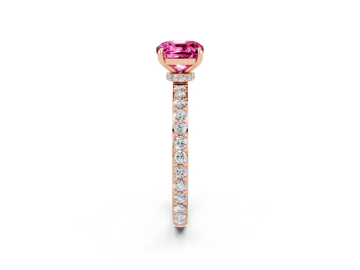 Cushion Cut Pink Sapphire Solitaire Engagement Ring with Pavé Band and Four-Prong Setting Rose gold