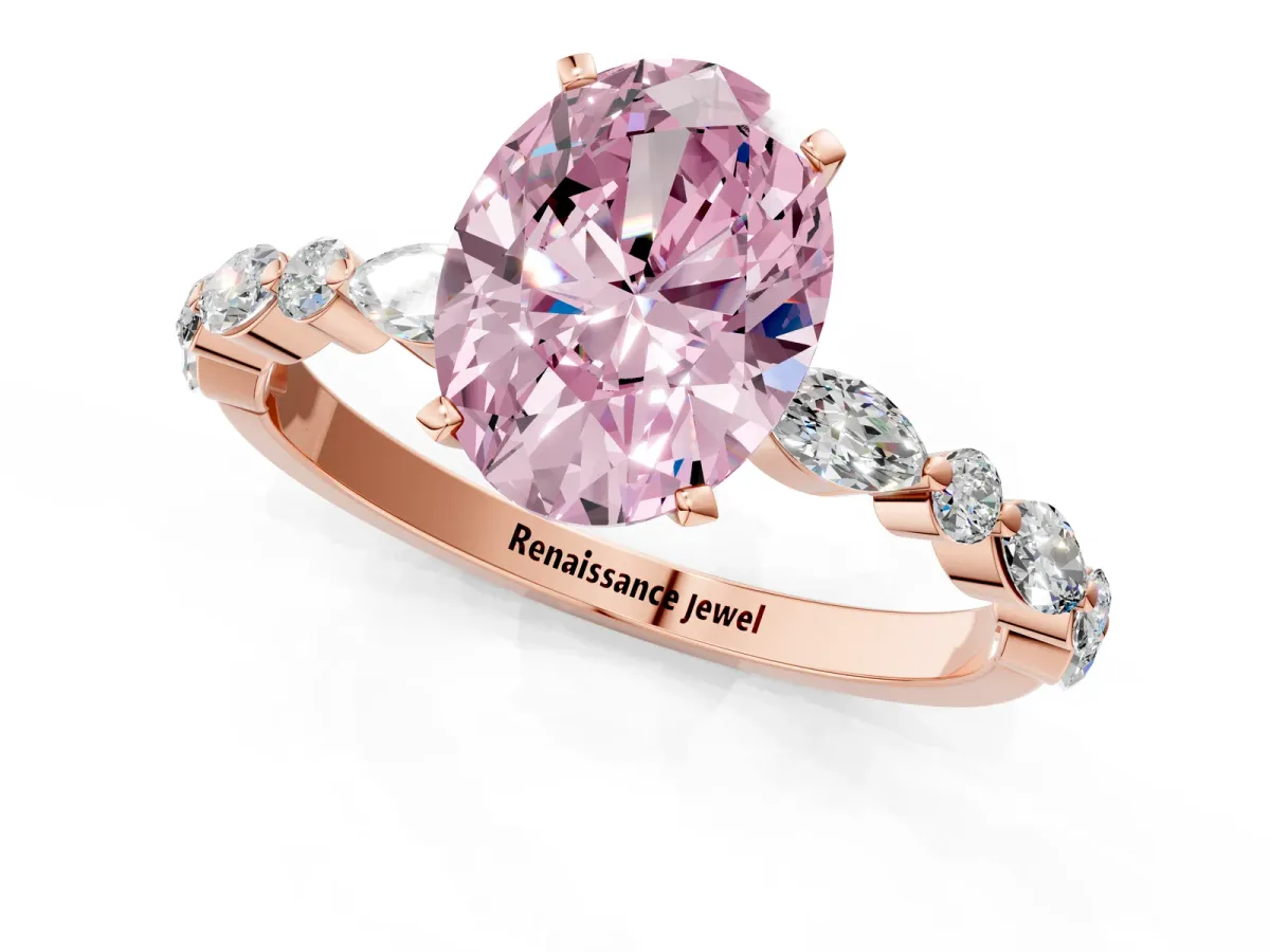 Fancy Pink Oval Cut Diamond Ring with Marquise and Round Side Stones and Four-Prong Setting Rose gold
