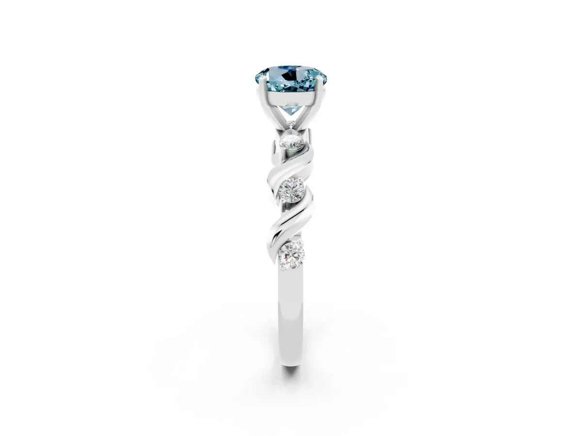 Round Cut Aquamarine Solitaire Twisted Band with Round Accents and Prong Setting White gold