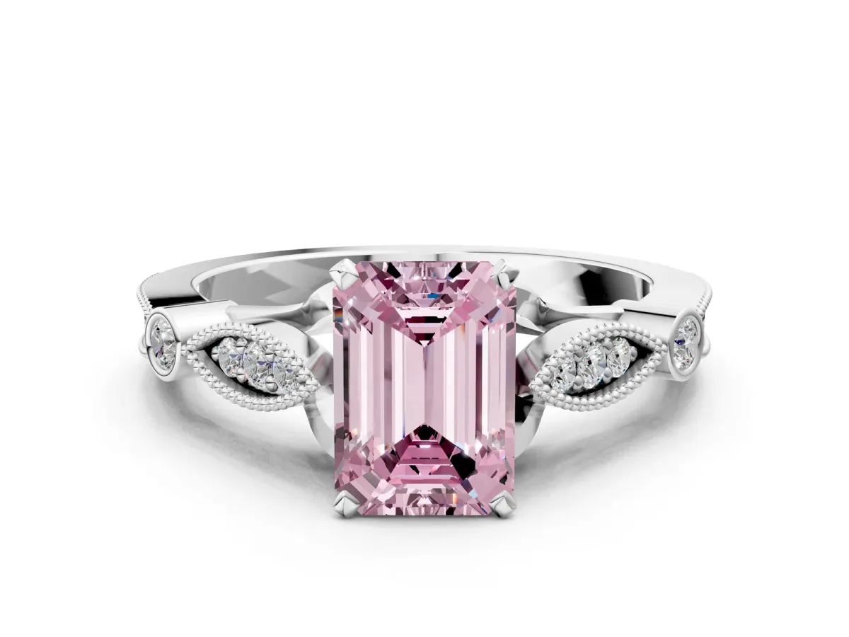 Fancy Pink Emerald Cut Cut Diamond with Milgrain Marquise and Bezel Accents on a Solitaire Band with Prong Setting Silver