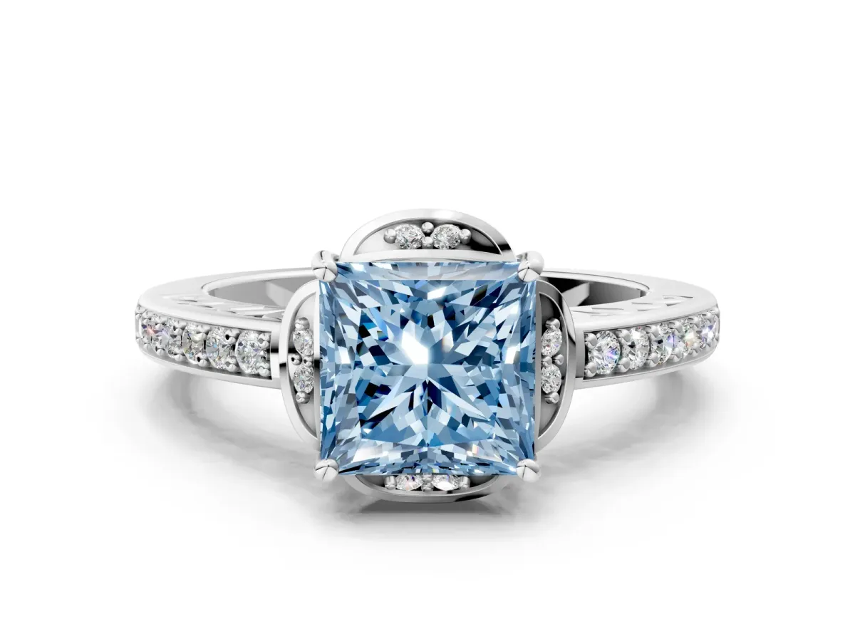 Fancy Blue Princess Cut Cut Halo Diamond Ring with Channel Set Band and Four-Prong Setting White gold