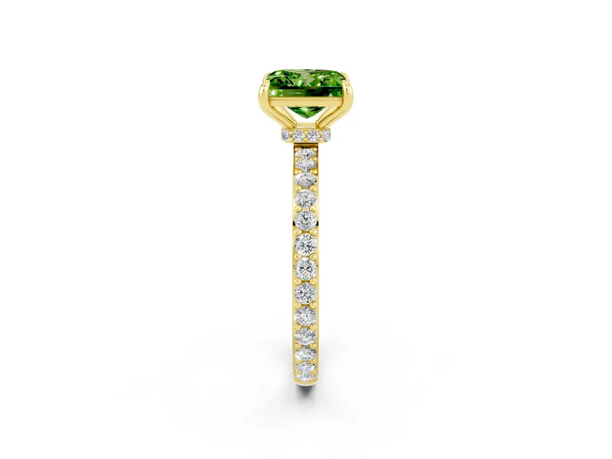 Princess Cut Peridot Solitaire Engagement Ring with Pavé Band and Four-Prong Setting Yellow gold