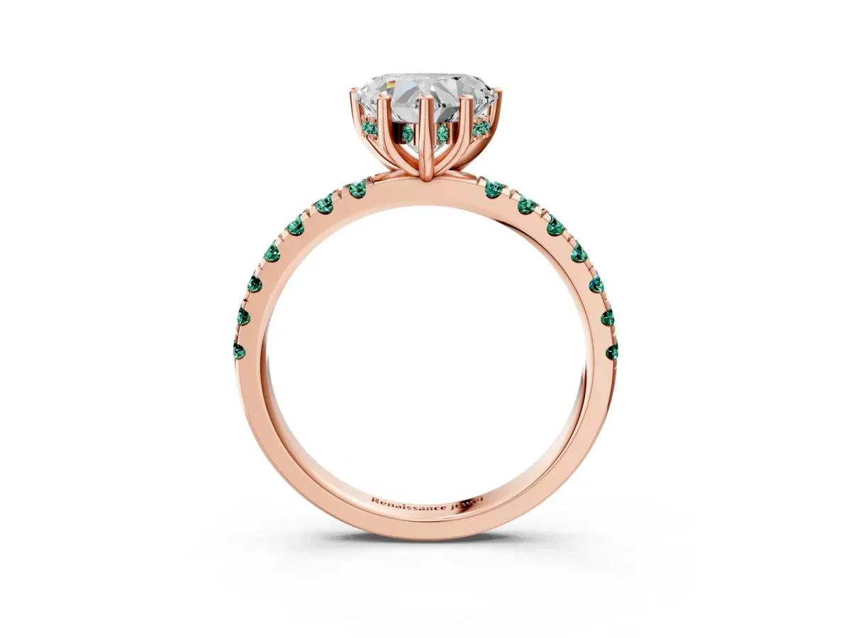 Heart Cut Diamond Pave Band Solitaire Ring with Round Green Sapphire and Prong Setting Rose gold