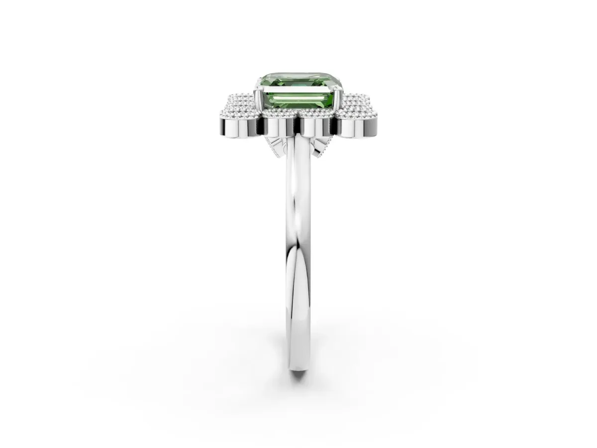 Fancy Green Asscher Cut Halo Diamond Cluster Engagement Ring with Milgrain Bezel Setting and Solitaire Band Platinum