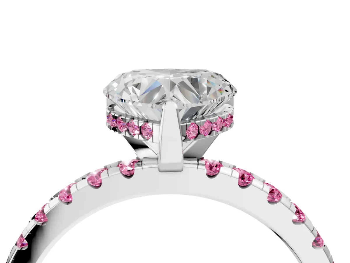 Heart Cut Diamond Solitaire Ring with Round Pink Sapphire Pavé Band and Four-Prong Setting Platinum