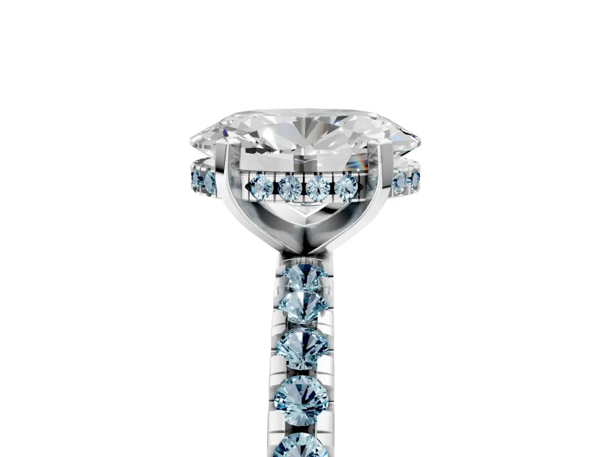 Oval Cut Diamond Solitaire Ring with Round Aquamarine Pavé Band and Four-Prong Setting White gold