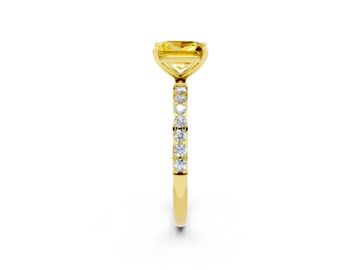 Princess Cut Yellow Sapphire Solitaire Ring with Round Pavé Band and Prong Setting Yellow gold