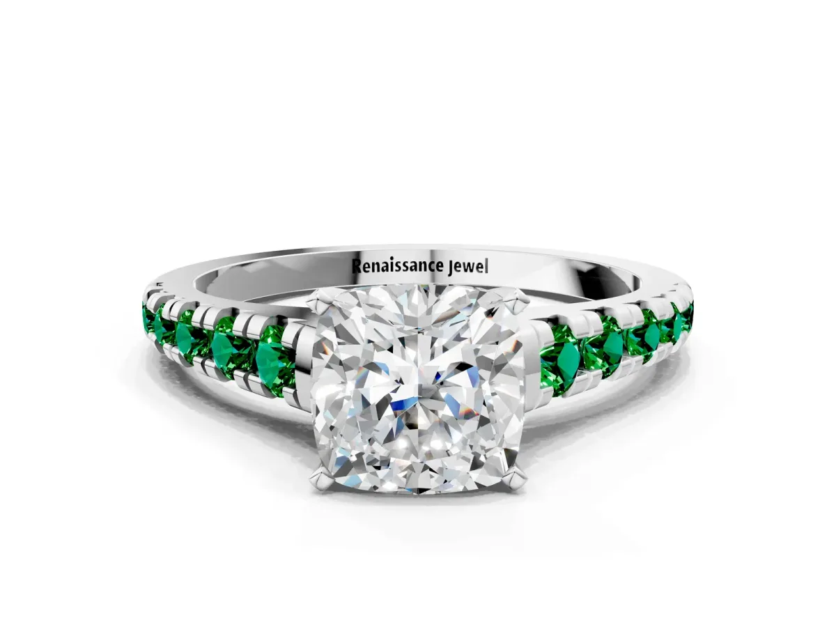 Cushion Cut Diamond Cathedral Solitaire Ring with Round Emerald Pavé Band Platinum