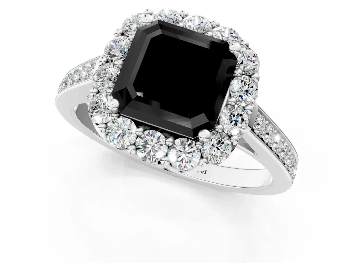 Fancy Black Asscher Cut Diamond Floral Halo Ring with Pavé Band and Prong Setting Platinum