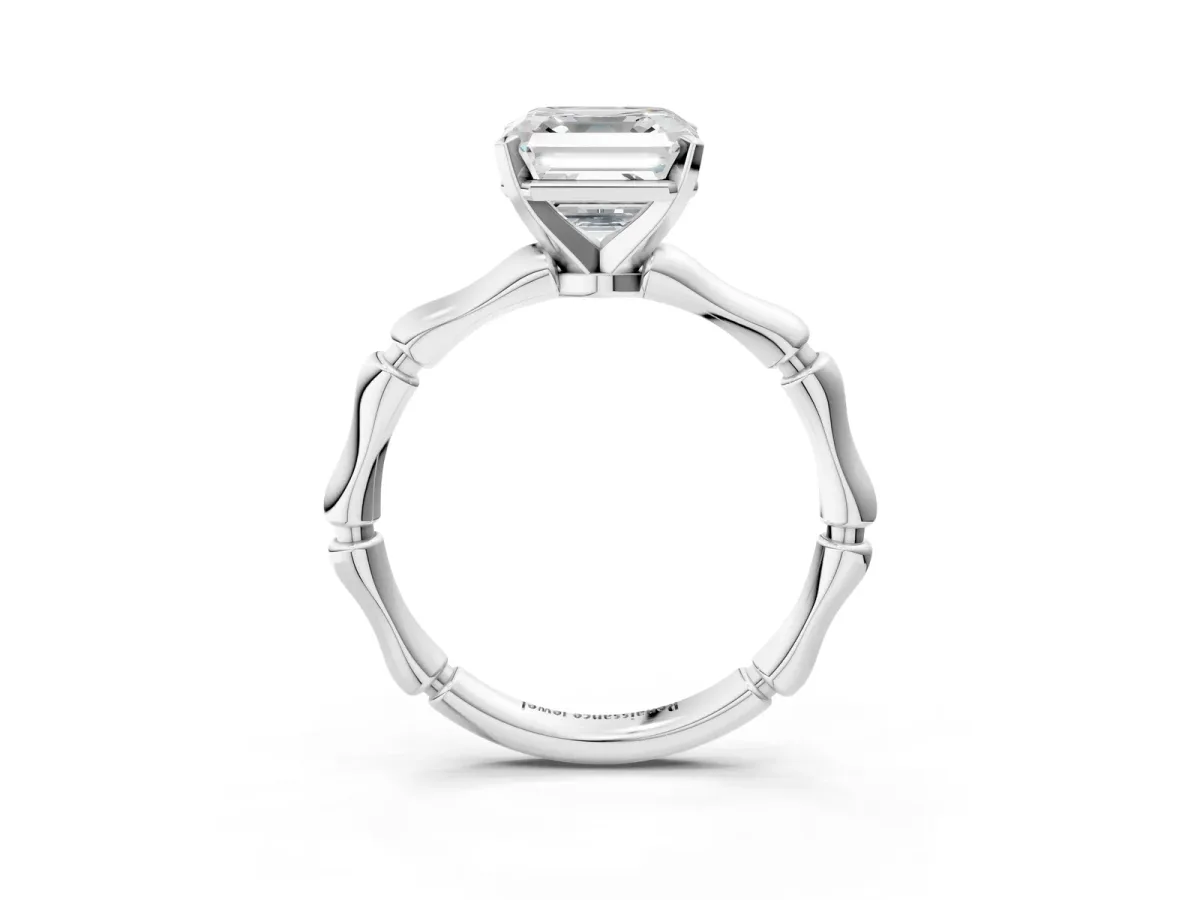 Asscher Cut Solitaire Diamond Ring with Bamboo Band and Four-Prong Setting Platinum