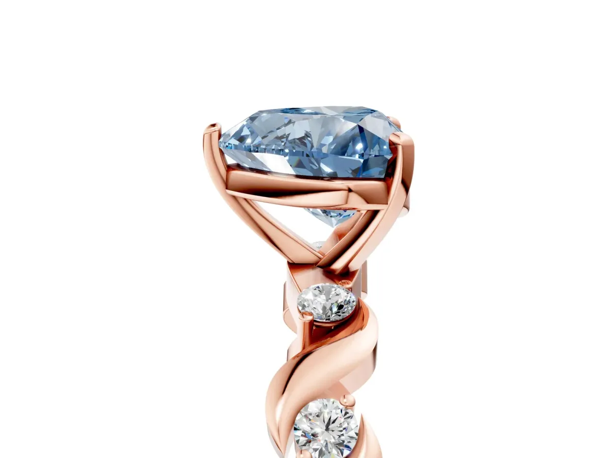 Fancy Blue Heart Cut Diamond Solitaire Twisted Band with Round Accents and Prong Setting Rose gold