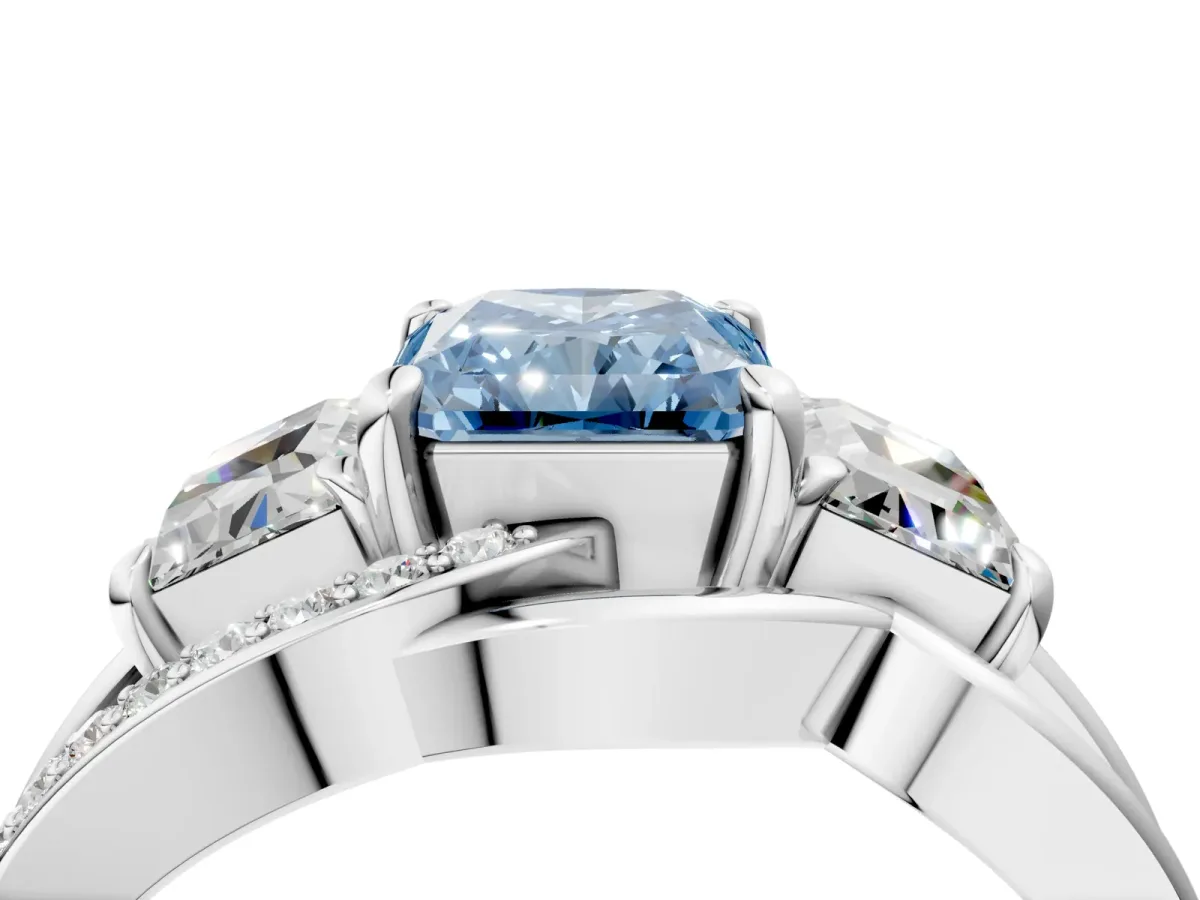 Fancy Blue Three-Stone Radiant Cut Cut Diamond Split Shank Prong Set Ring Platinum