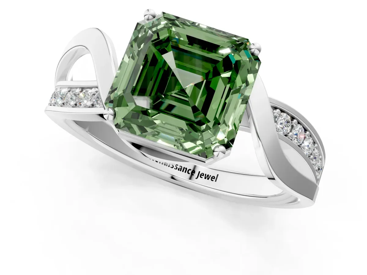 Fancy Green Asscher Cut Solitaire Twisted Band with Prong Setting Platinum