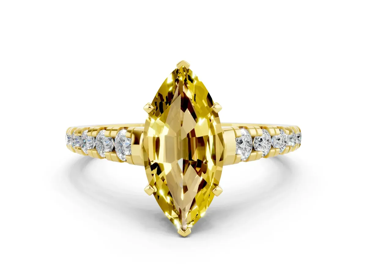 Marquise Cut Yellow Sapphire Cathedral Solitaire Ring with Round Pavé Band Yellow gold