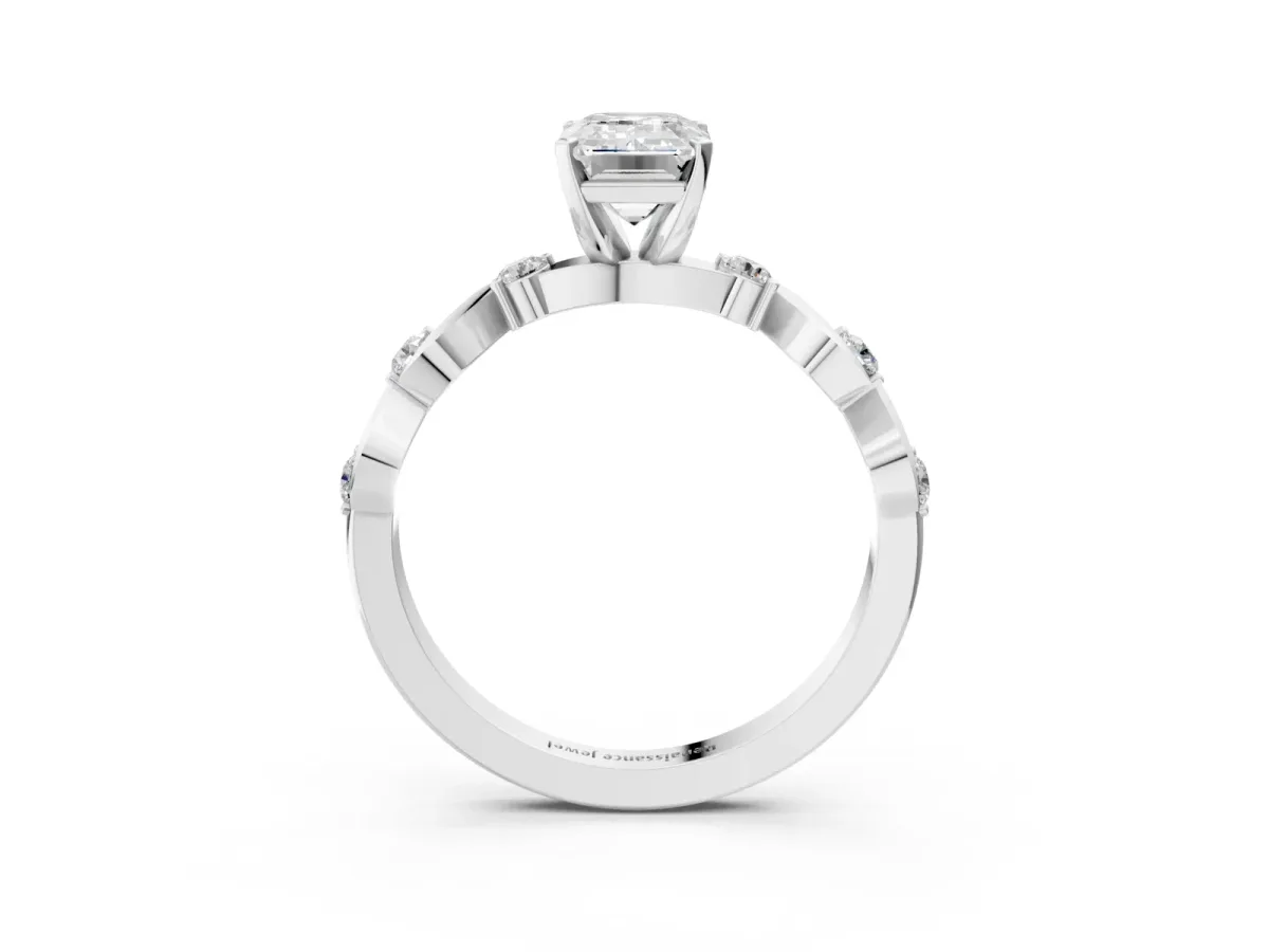 Emerald Cut Diamond Solitaire Twisted Band with Round Accents and Prong Setting Silver