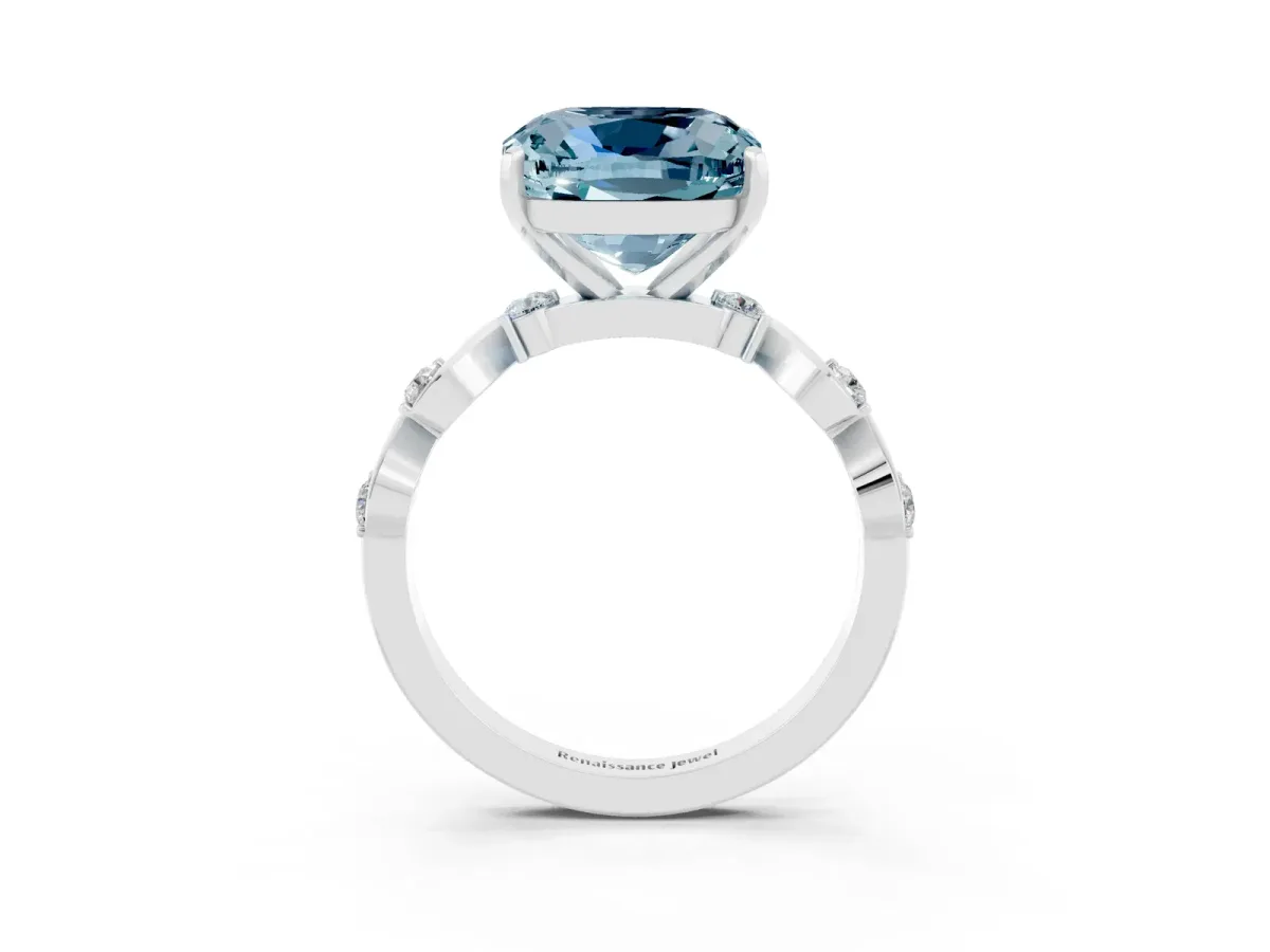 Cushion Cut Aquamarine Solitaire Twisted Band with Round Accents and Prong Setting Platinum