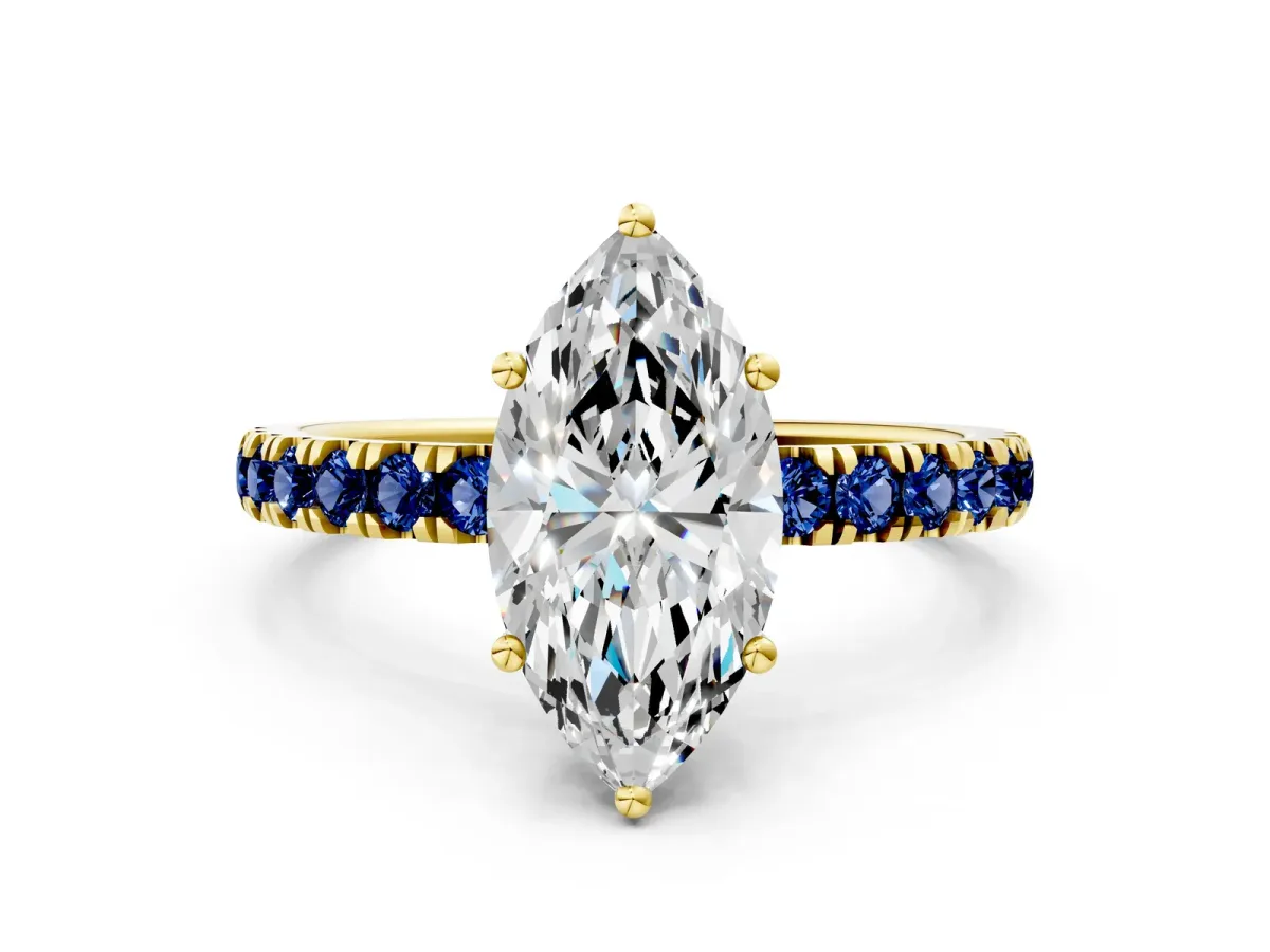 Marquise Cut Diamond Pave Band Solitaire Ring with Round Blue Sapphire and Prong Setting Yellow gold