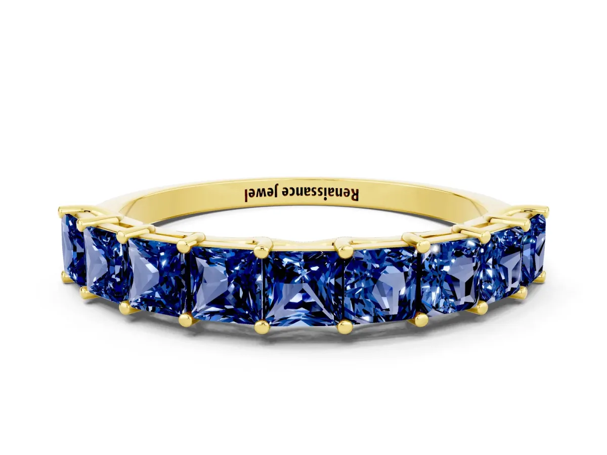 Princess Cut Blue Sapphire Channel-Set Eternity Band with Prong Setting Yellow gold