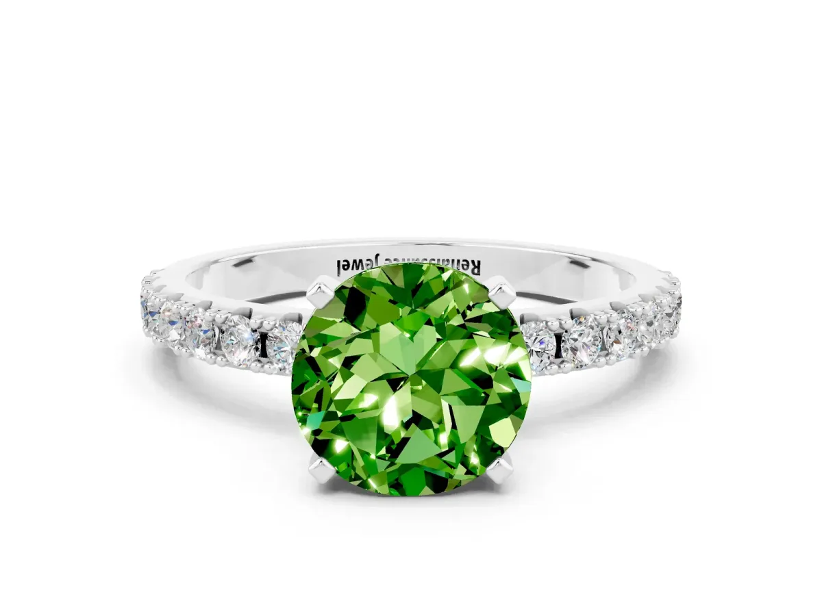 Round Cut Peridot Solitaire Pavé Band with Four-Prong Setting White gold