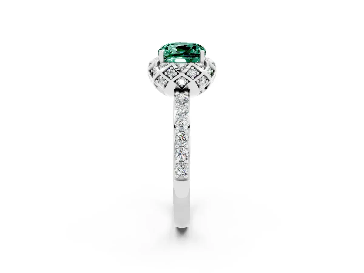 Cushion Cut Green Sapphire Scalloped Halo Engagement Ring with Round Shared Prong Band Silver