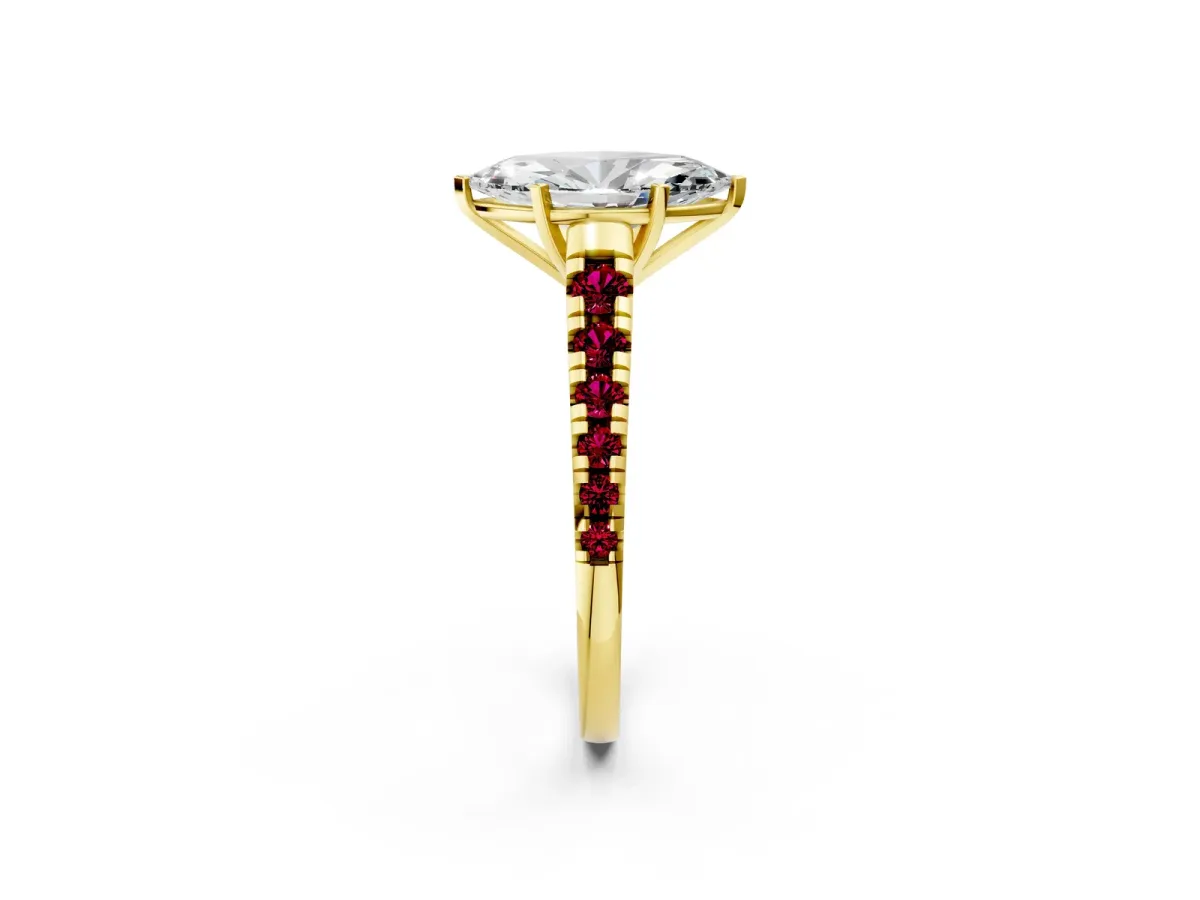 Marquise Cut Diamond Cathedral Solitaire Ring with Round Garnet Pavé Band Yellow gold