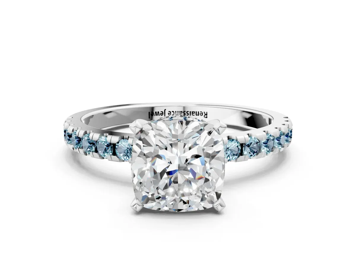 Cushion Cut Diamond Solitaire Ring with Round Aquamarine Pavé Band and Four-Prong Setting Platinum