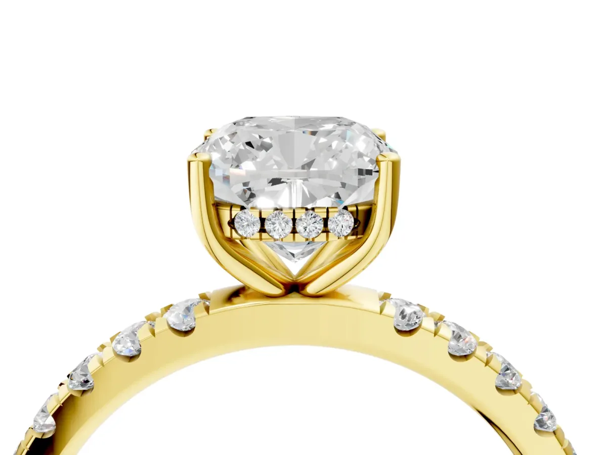 Cushion Cut Diamond Pave Band Solitaire Ring with Round Moissanite and Prong Setting Yellow gold