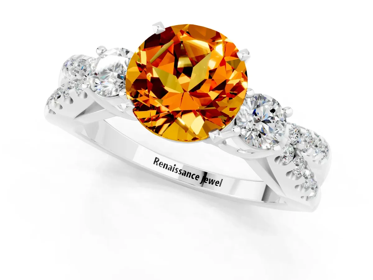 Round Cut Citrine Three-Stone Ring with Pavé Split Shank and Four-Prong Setting Silver