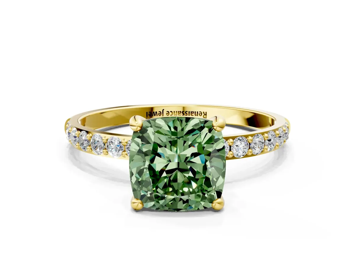 Fancy Green Cushion Cut Diamond Solitaire Ring with Round Pavé Band and Prong Setting Yellow gold