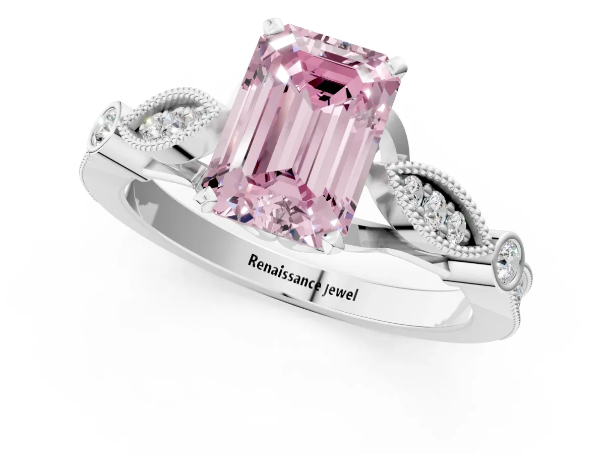 Fancy Pink Emerald Cut Cut Diamond with Milgrain Marquise and Bezel Accents on a Solitaire Band with Prong Setting Silver
